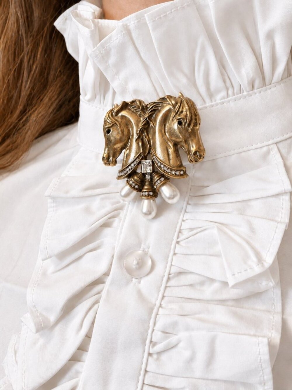 Vintage Gold Tone Double Horse Head Brooch
